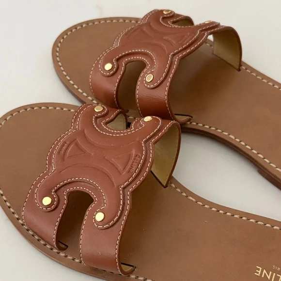 Celine Tan Triomphe Mule Sandals with Gold Details EU 39 - Picture 4 of 8